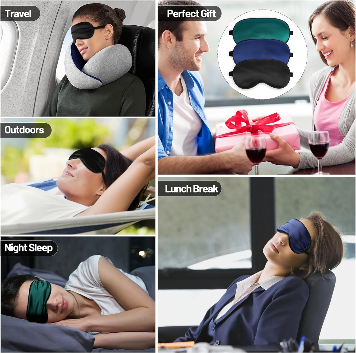 Silk Sleep Mask for Sleeping with Adjustable Strap, Satin Blackout for Men&Women, Comfortable Blindfold Eyeshade for Night Sleep (Black,Blue,Green)