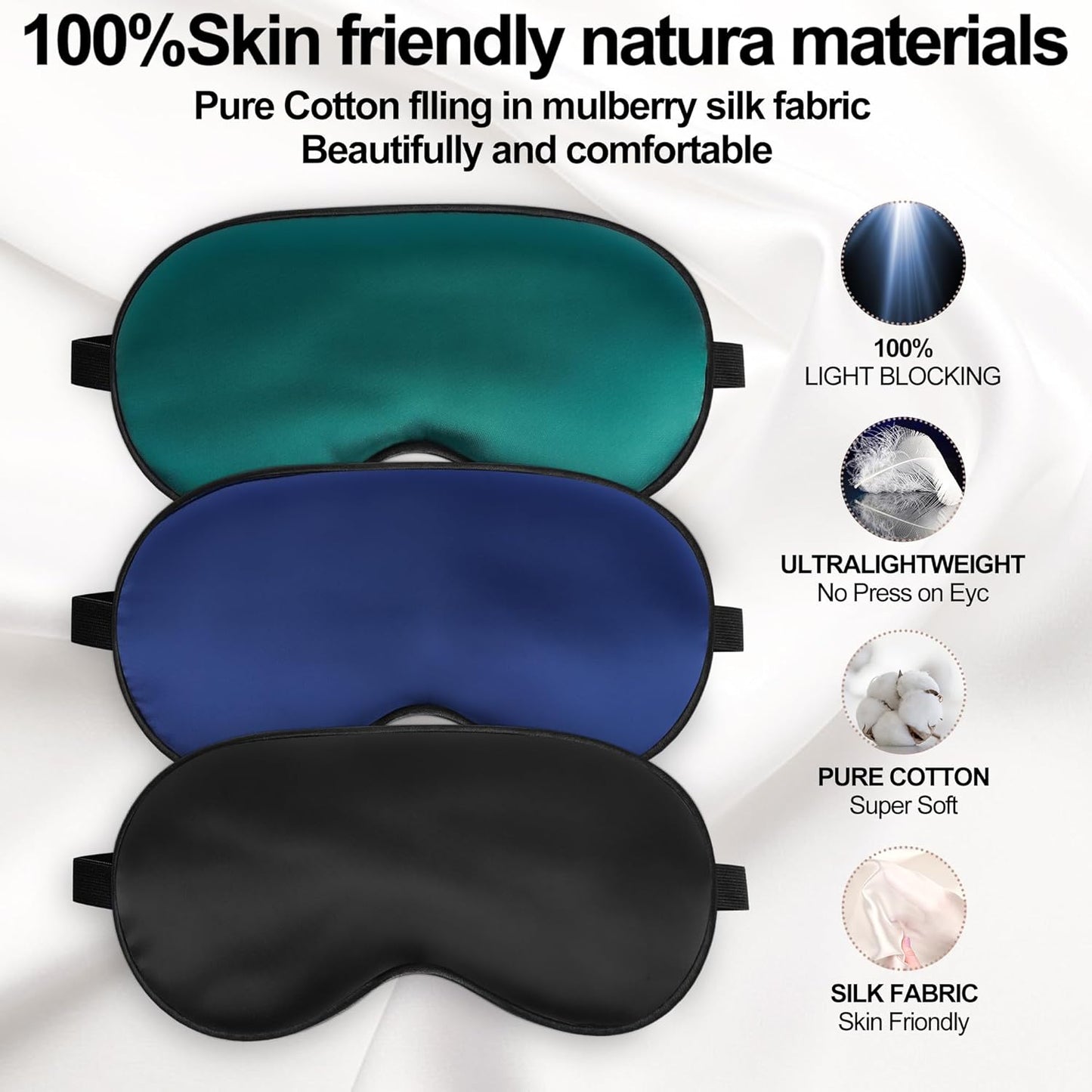 Silk Sleep Mask for Sleeping with Adjustable Strap, Satin Blackout for Men&Women, Comfortable Blindfold Eyeshade for Night Sleep (Black,Blue,Green)